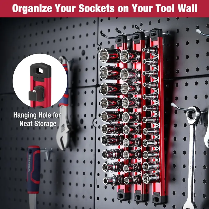 WORKPRO magnetischer Steckschlüssel-Organizer, 1/2-Zoll-Antrieb aus Aluminiumlegierung mit Schienenführung, robuste Steckschlüsselhalterung, Steckschlüssel-Rack-Set mit 1/2-Zoll-Antrieb und 10 Clips (rot)
