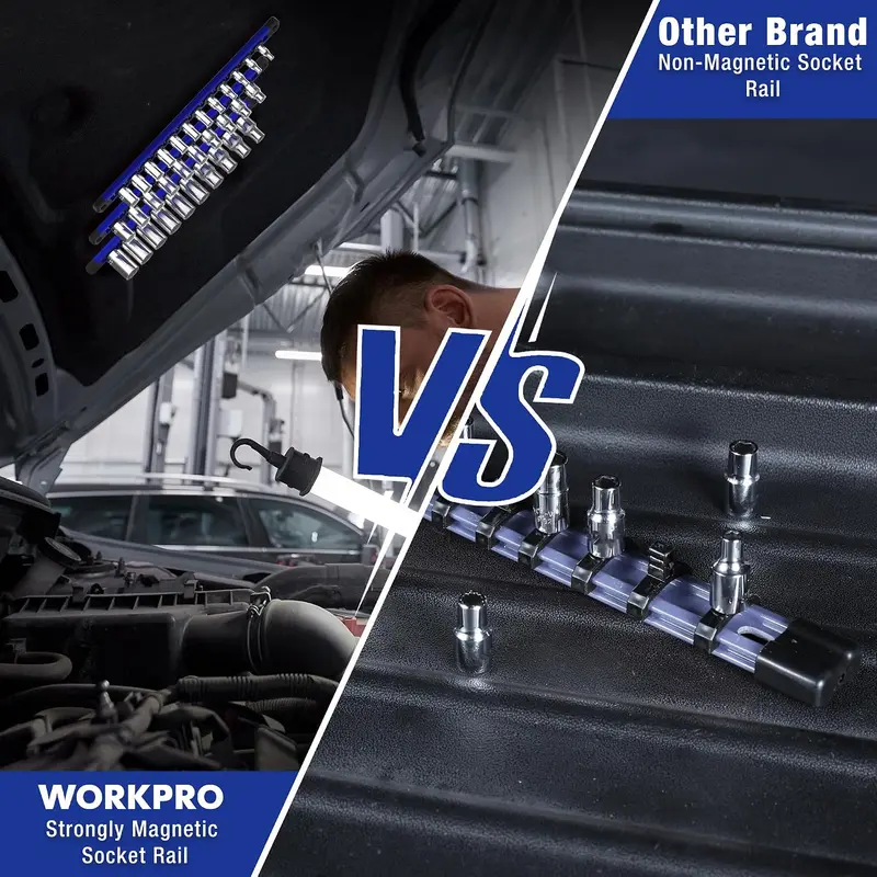 WORKPRO magnetischer Steckschlüssel-Organizer, 3/8-Zoll-Antrieb aus Aluminiumlegierung, robuste Steckschlüsselhalterung, Steckschlüssel-Rack-Set mit 3/8 Zoll × 10 Clips (blau)