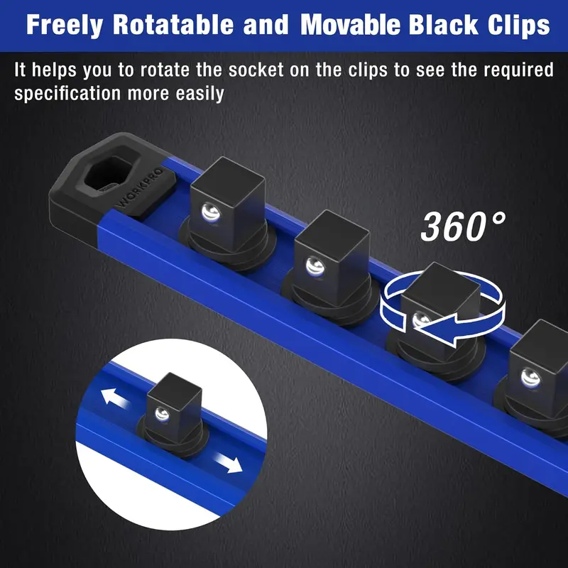 WORKPRO magnetischer Steckschlüssel-Organizer, 3/8-Zoll-Antrieb aus Aluminiumlegierung, robuste Steckschlüsselhalterung, Steckschlüssel-Rack-Set mit 3/8 Zoll × 10 Clips (blau)