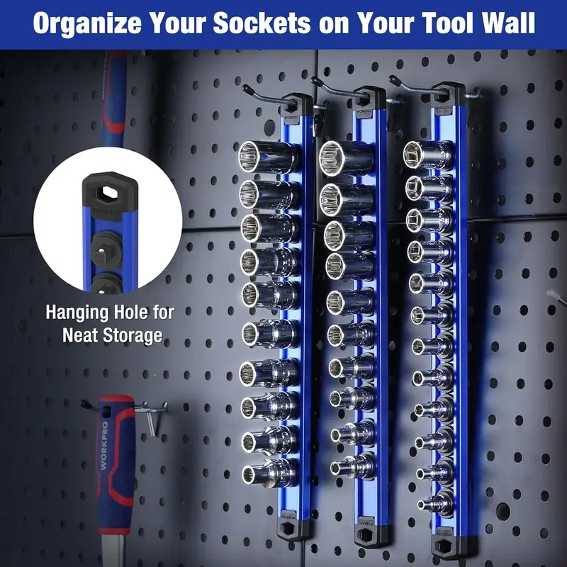 WORKPRO magnetischer Steckschlüssel-Organizer, 3/8-Zoll-Antrieb aus Aluminiumlegierung, robuste Steckschlüsselhalterung, Steckschlüssel-Rack-Set mit 3/8 Zoll × 10 Clips (blau)