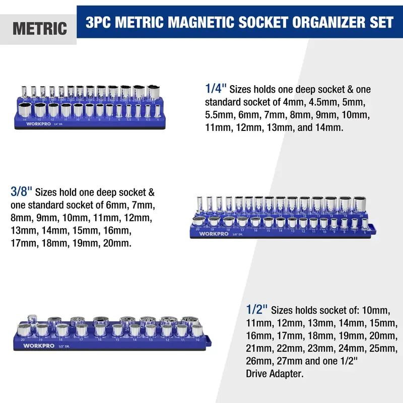 WORKPRO magnetischer Steckschlüssel-Organizer für 1/4", 3/8" und 1/2" Antrieb (metrisch/SAE) – Steckschlüssel nicht im Lieferumfang enthalten 2