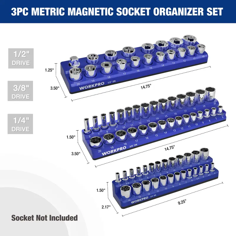 WORKPRO magnetischer Steckschlüssel-Organizer für 1/4", 3/8" und 1/2" Antrieb (metrisch/SAE) – Steckschlüssel nicht im Lieferumfang enthalten