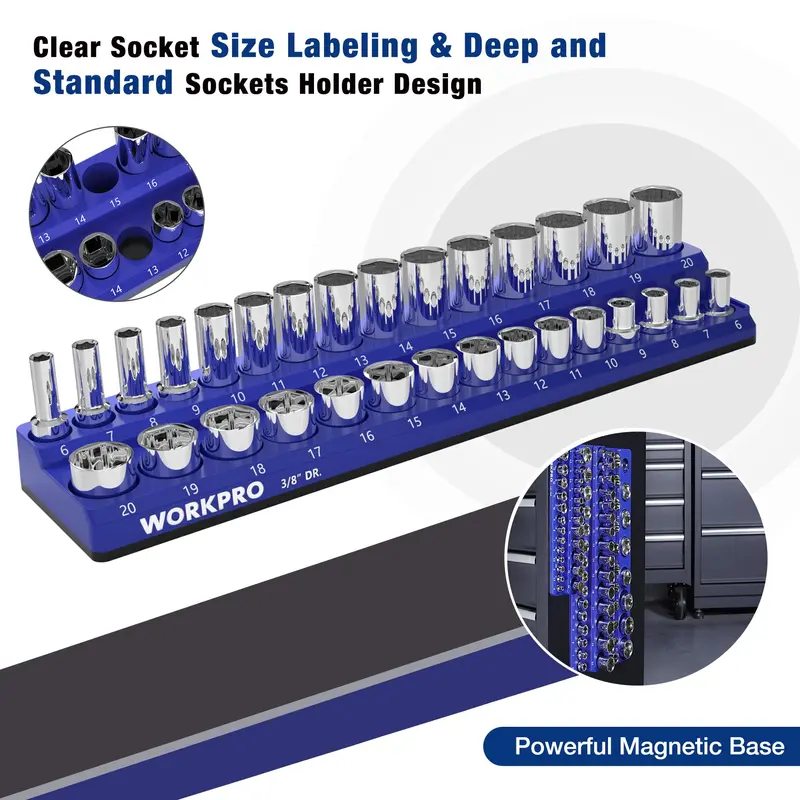 WORKPRO magnetischer Steckschlüssel-Organizer für 1/4", 3/8" und 1/2" Antrieb (metrisch/SAE) – Steckschlüssel nicht im Lieferumfang enthalten