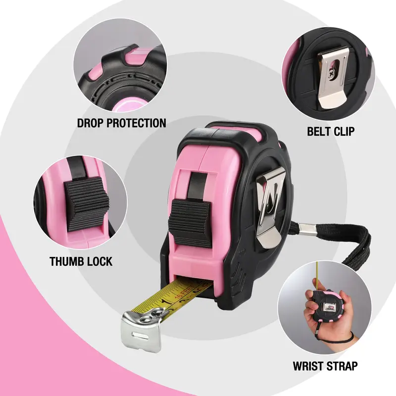 WORKPRO Maßband rosa, 4,88 m (16 ft), mit Daumenverriegelung und Gürtelclip, Zoll/Metrisch, Genauigkeit 1/32 Zoll, 1 mm 2