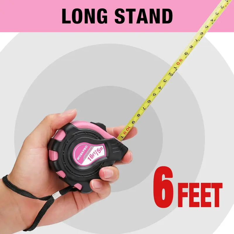 WORKPRO Maßband rosa, 4,88 m (16 ft), mit Daumenverriegelung und Gürtelclip, Zoll/Metrisch, Genauigkeit 1/32 Zoll, 1 mm