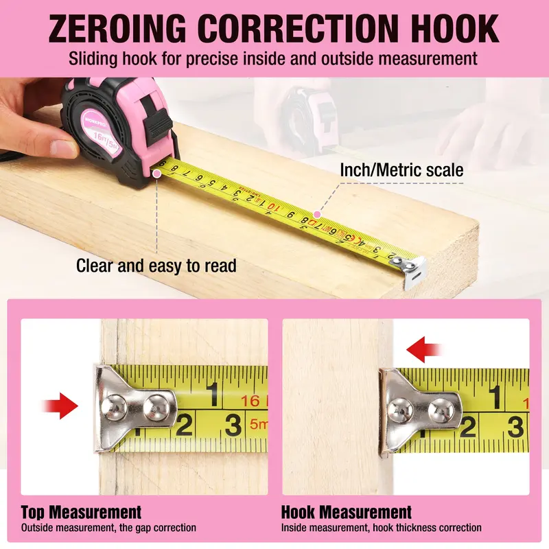 WORKPRO Maßband rosa, 4,88 m (16 ft), mit Daumenverriegelung und Gürtelclip, Zoll/Metrisch, Genauigkeit 1/32 Zoll, 1 mm