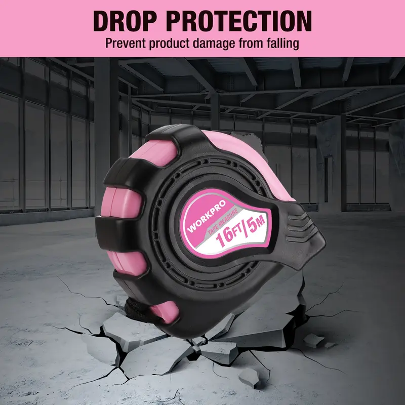 WORKPRO Maßband rosa, 4,88 m (16 ft), mit Daumenverriegelung und Gürtelclip, Zoll/Metrisch, Genauigkeit 1/32 Zoll, 1 mm