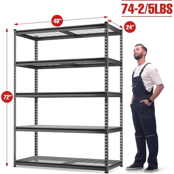 WORKPRO Metall-Regal mit 5 Ebenen, 122 cm (48") Breite × 61 cm (24") Tiefe × 183 cm (72") Höhe, schwerlastfähiges verstellbares Aufbewahrungsregal für Garage, Keller, Lagerhalle und Werkstatt, schwarz/silber 2