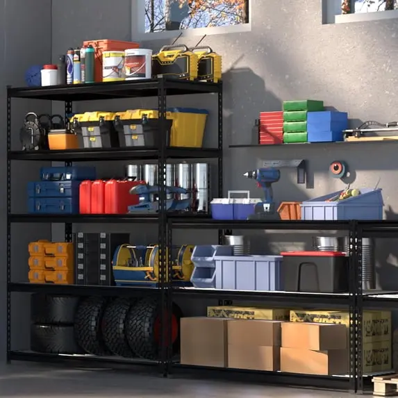 WORKPRO Metall-Regal mit 5 Ebenen, 122 cm (48") Breite × 61 cm (24") Tiefe × 183 cm (72") Höhe, schwerlastfähiges verstellbares Aufbewahrungsregal für Garage, Keller, Lagerhalle und Werkstatt, schwarz/silber