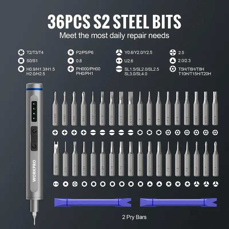 WORKPRO Mini-Akku-Schrauber mit Magnetisierer, 36 S2-Stahl-Bits und 2 Hebeln, 3,7-V-Präzisionsschrauber-Set für Smartphone-, Kamera- und Laptop-Reparaturen