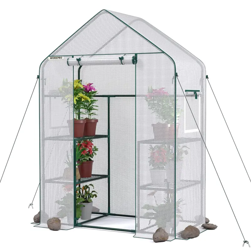 WORKPRO Mini-Gewächshaus zum Hineingehen, 142 cm L × 71 cm B × 195 cm H, 3 Ebenen mit 4 Regalen, tragbar