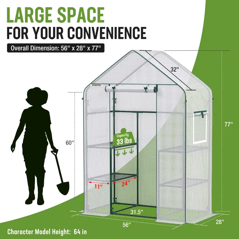 WORKPRO Mini-Gewächshaus zum Hineingehen, 142 cm L × 71 cm B × 195 cm H, 3 Ebenen mit 4 Regalen, tragbar 2