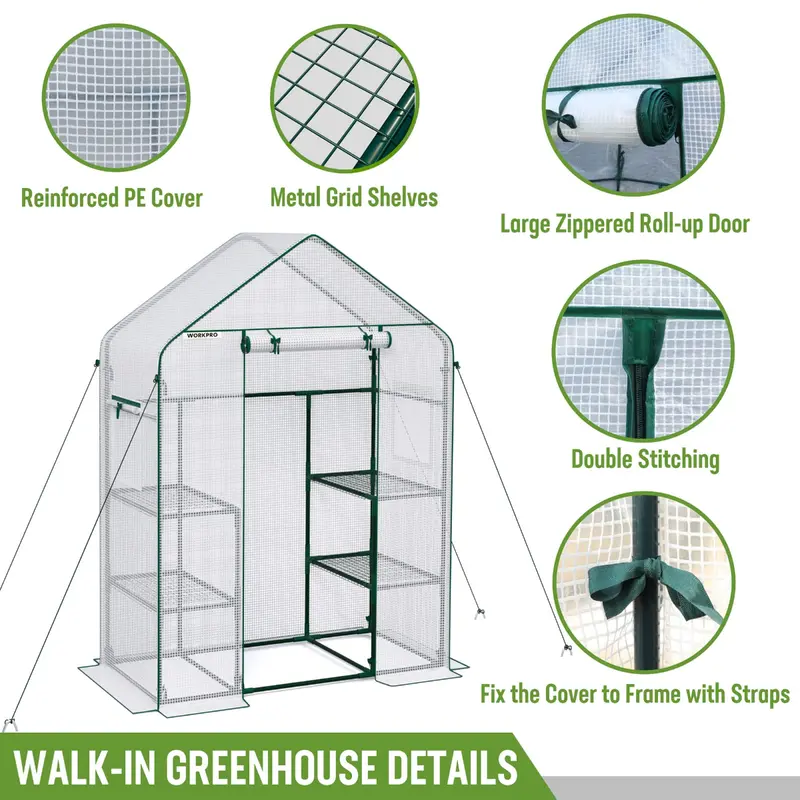 WORKPRO Mini-Gewächshaus zum Hineingehen, 142 cm L × 71 cm B × 195 cm H, 3 Ebenen mit 4 Regalen, tragbar