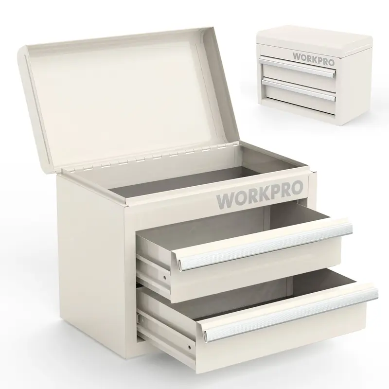 WORKPRO Mini-Metall-Toolbox mit 2 Schubladen und oberem Aufbewahrungsfach, kleine Werkzeugkiste, weiß