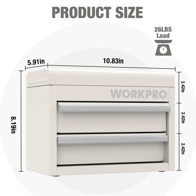 WORKPRO Mini-Metall-Toolbox mit 2 Schubladen und oberem Aufbewahrungsfach, kleine Werkzeugkiste, weiß 2