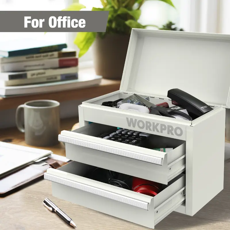 WORKPRO Mini-Metall-Toolbox mit 2 Schubladen und oberem Aufbewahrungsfach, kleine Werkzeugkiste, weiß