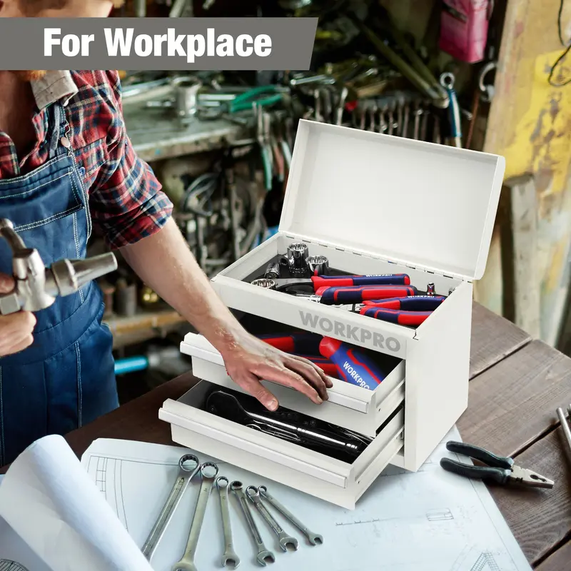 WORKPRO Mini-Metall-Toolbox mit 2 Schubladen und oberem Aufbewahrungsfach, kleine Werkzeugkiste, weiß