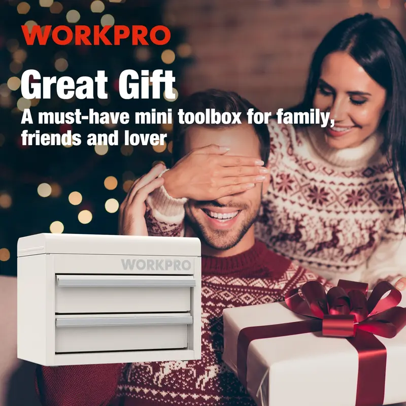 WORKPRO Mini-Metall-Toolbox mit 2 Schubladen und oberem Aufbewahrungsfach, kleine Werkzeugkiste, weiß