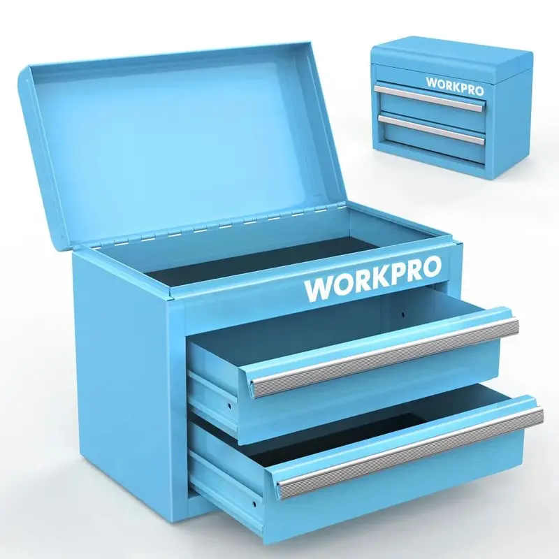 WORKPRO Mini-Metall-Toolbox mit 2 Schubladen und oberem Fach, kleine Werkzeugkiste, blau