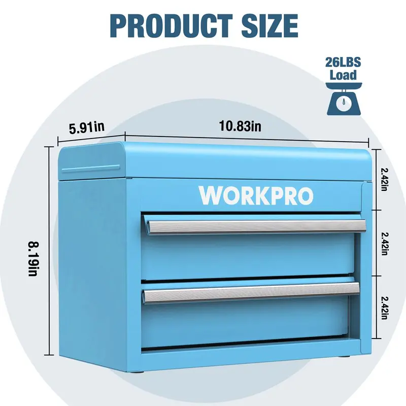 WORKPRO Mini-Metall-Toolbox mit 2 Schubladen und oberem Fach, kleine Werkzeugkiste, blau 2