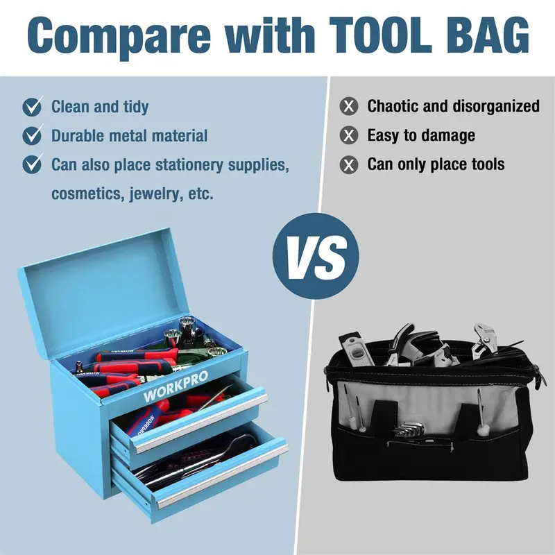 WORKPRO Mini-Metall-Toolbox mit 2 Schubladen und oberem Fach, kleine Werkzeugkiste, blau