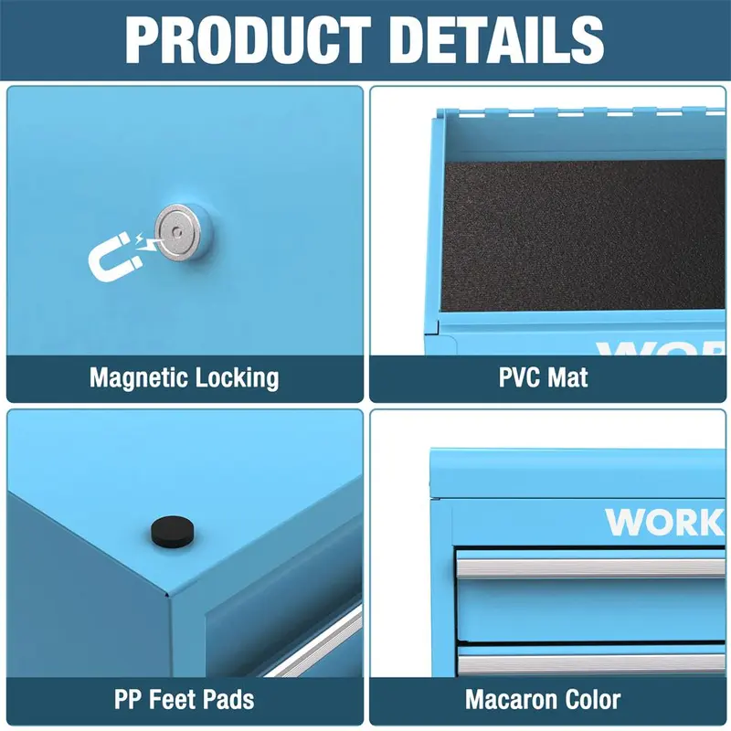 WORKPRO Mini-Metall-Toolbox mit 2 Schubladen und oberem Fach, kleine Werkzeugkiste, blau