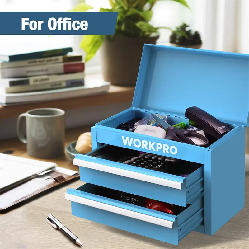 WORKPRO Mini-Metall-Toolbox mit 2 Schubladen und oberem Fach, kleine Werkzeugkiste, blau
