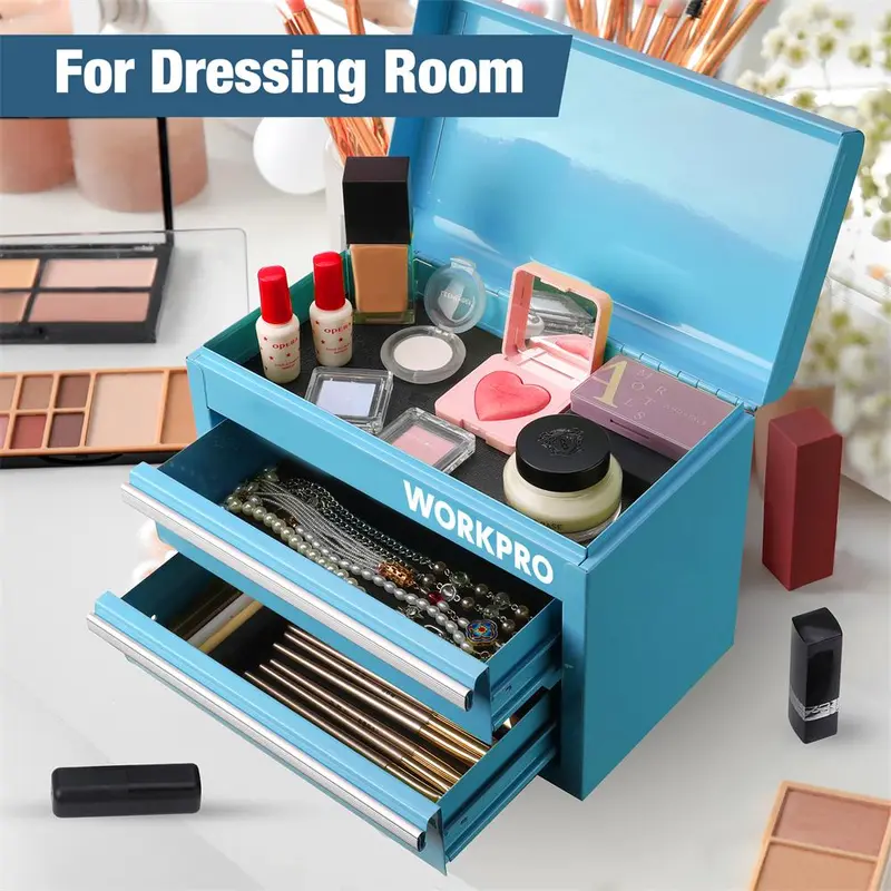 WORKPRO Mini-Metall-Toolbox mit 2 Schubladen und oberem Fach, kleine Werkzeugkiste, blau