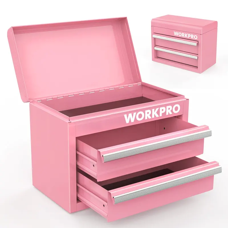 WORKPRO Mini-Metall-Toolbox mit 2 Schubladen und oberem Fach, kleine Werkzeugkiste, rosa