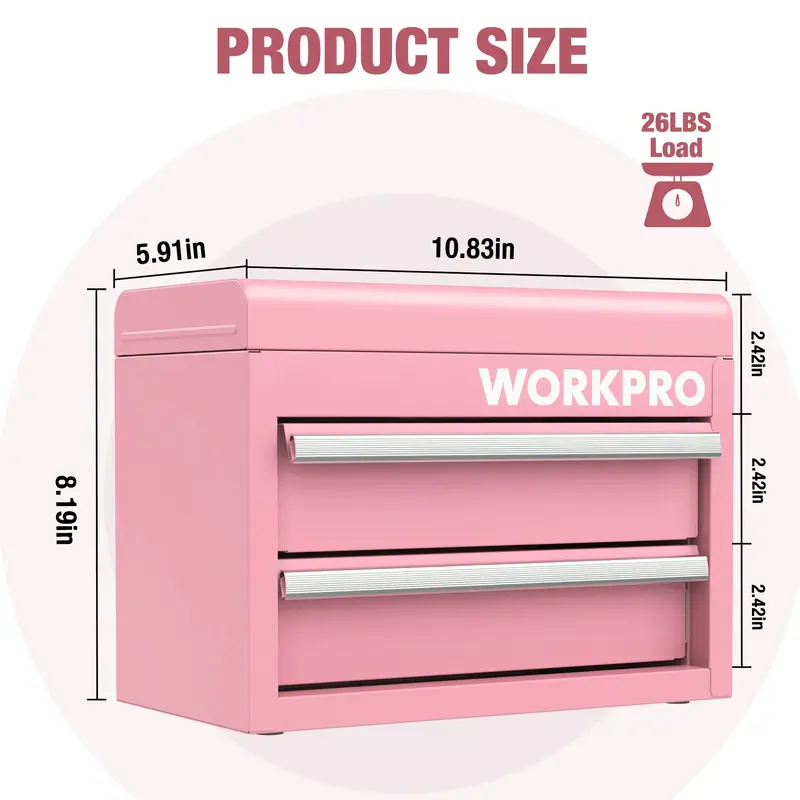 WORKPRO Mini-Metall-Toolbox mit 2 Schubladen und oberem Fach, kleine Werkzeugkiste, rosa 2