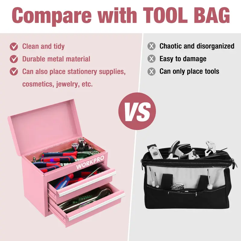 WORKPRO Mini-Metall-Toolbox mit 2 Schubladen und oberem Fach, kleine Werkzeugkiste, rosa