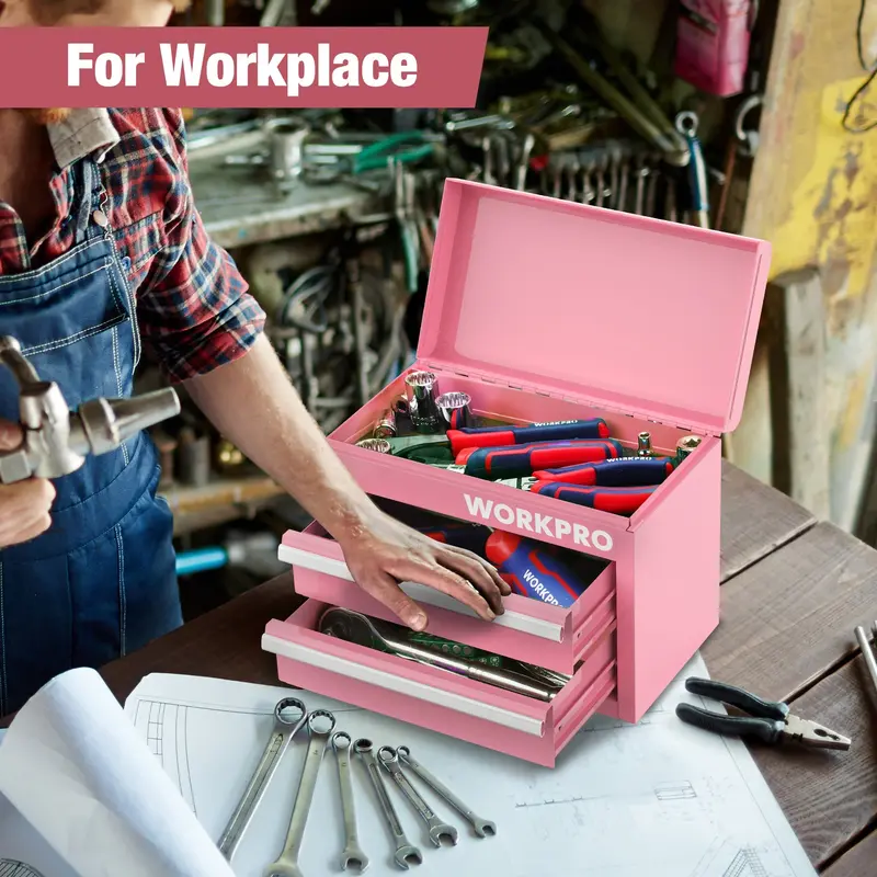WORKPRO Mini-Metall-Toolbox mit 2 Schubladen und oberem Fach, kleine Werkzeugkiste, rosa