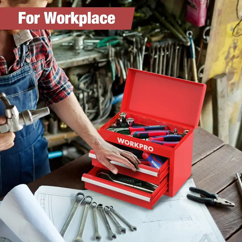 WORKPRO Mini-Metall-Toolbox mit 2 Schubladen und oberem Staufach 2