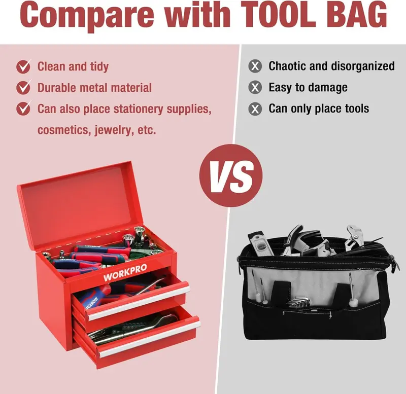 WORKPRO Mini-Metall-Toolbox mit 2 Schubladen und oberem Staufach