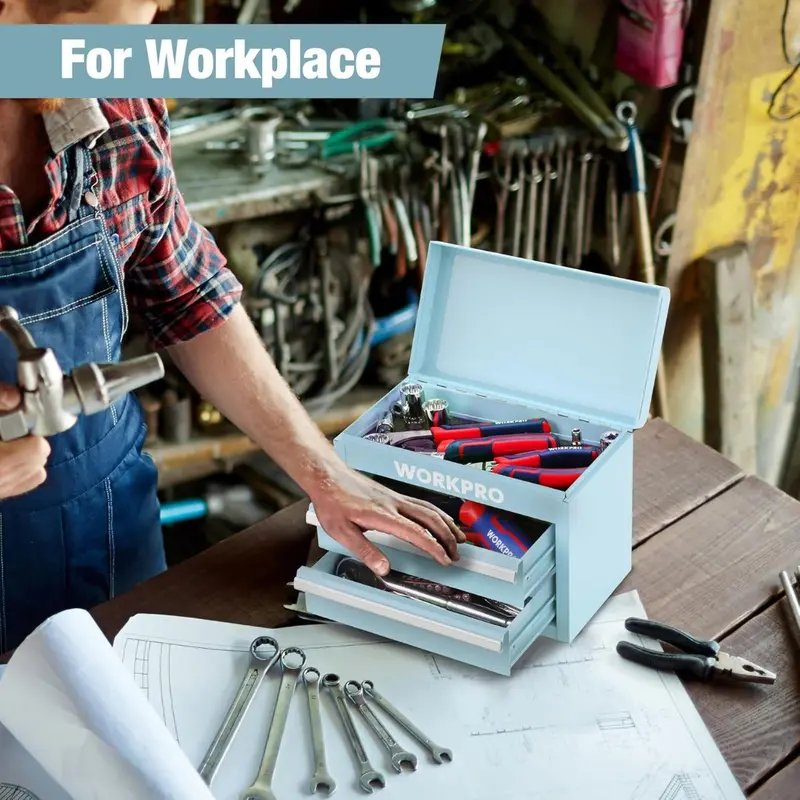 WORKPRO Mini-Metall-Toolbox mit 2 Schubladen und oberem Staufach