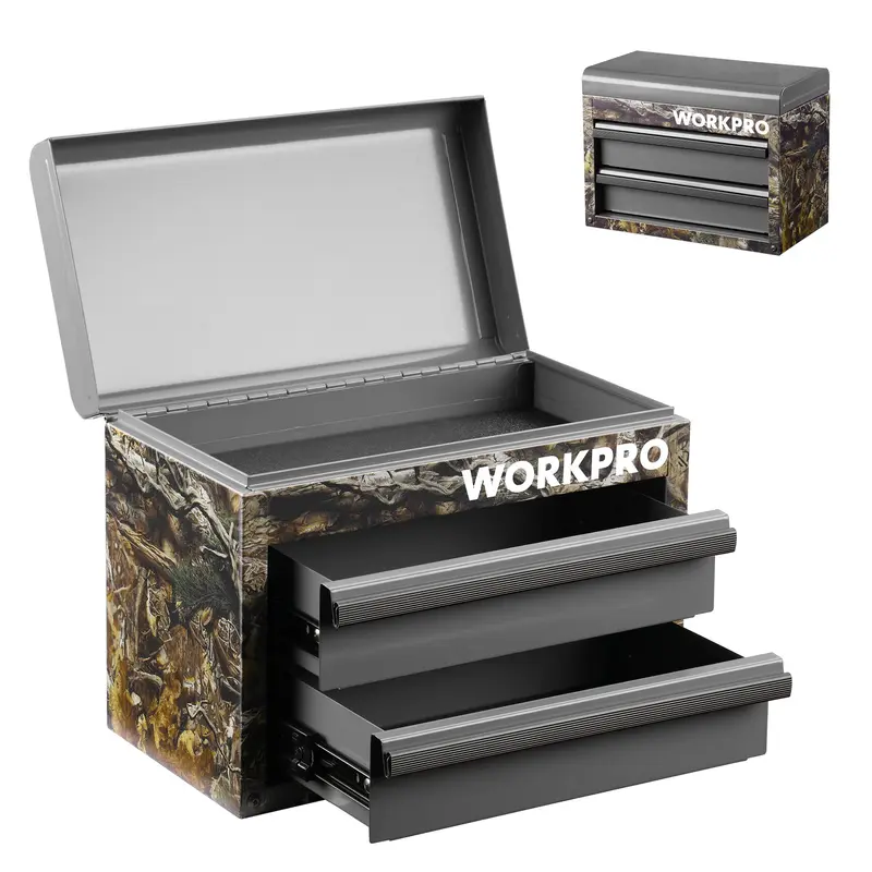 WORKPRO Mini-Metall-Toolbox mit 2 Schubladen und oberem Staufach – Kleiner Werkzeugkasten in Tarnoptik