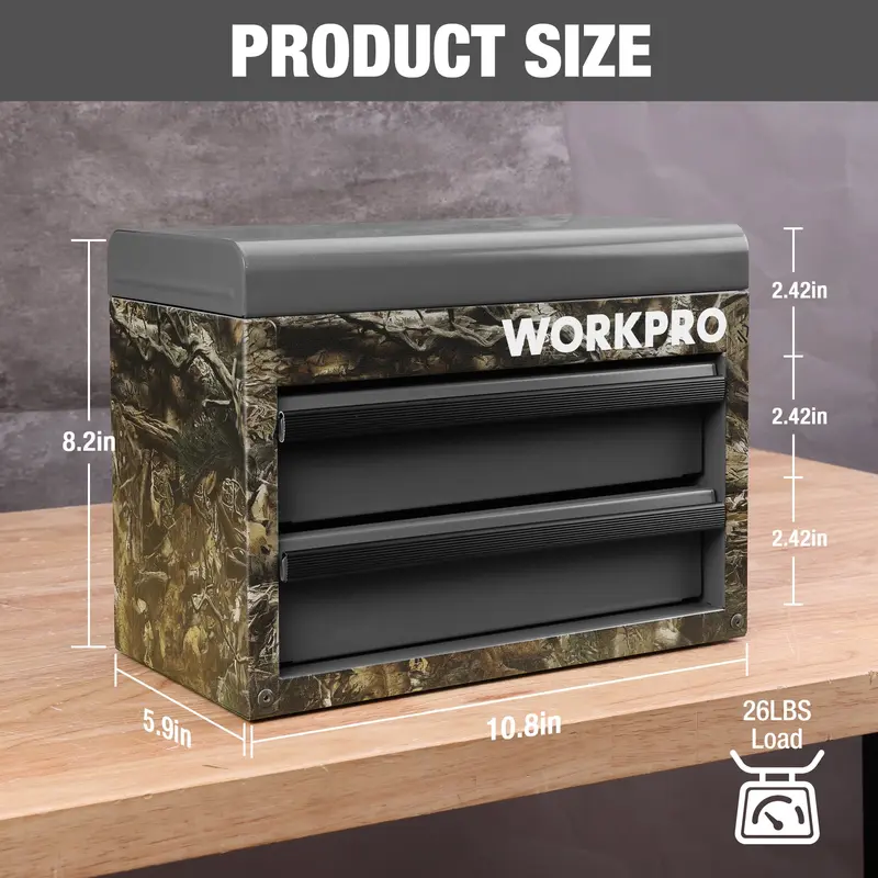 WORKPRO Mini-Metall-Toolbox mit 2 Schubladen und oberem Staufach – Kleiner Werkzeugkasten in Tarnoptik 2