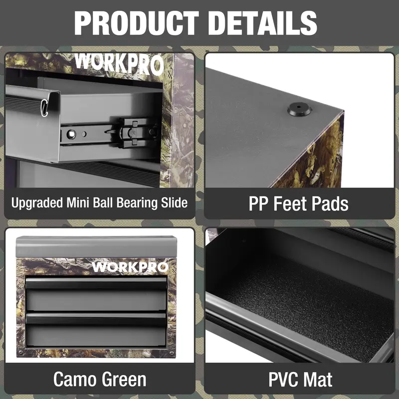 WORKPRO Mini-Metall-Toolbox mit 2 Schubladen und oberem Staufach – Kleiner Werkzeugkasten in Tarnoptik