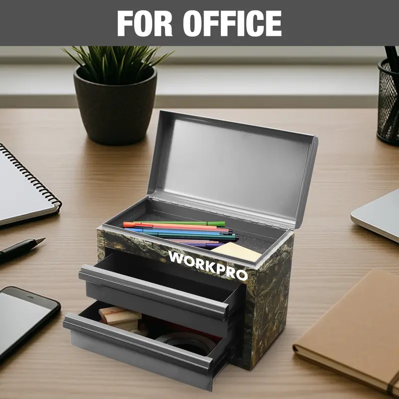 WORKPRO Mini-Metall-Toolbox mit 2 Schubladen und oberem Staufach – Kleiner Werkzeugkasten in Tarnoptik