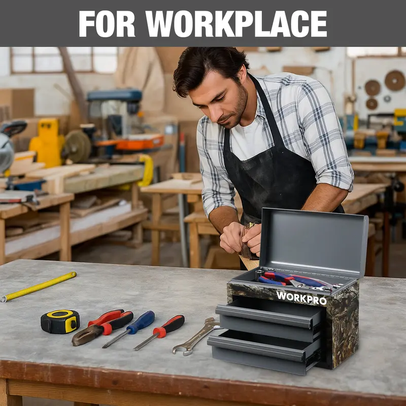 WORKPRO Mini-Metall-Toolbox mit 2 Schubladen und oberem Staufach – Kleiner Werkzeugkasten in Tarnoptik