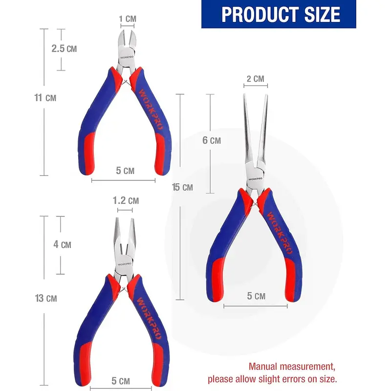 WORKPRO Mini-Zangen-Set, 3-teilig: 4"-Abisolierzange, 5"-Spitzzange, 6"-Nadelspitzzange – ideal für Bastelarbeiten, Reparaturen an elektronischen Geräten