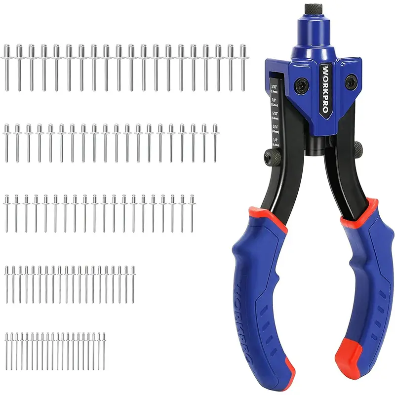 WORKPRO Nietpresse mit 25 cm (10 Zoll), robuste Nietzange mit 3 austauschbaren Nasen (3 Einsätzen) und 100 Nieten, 5-in-1-Handnietzange-Set für Metall und Kunststoff, Reparatur von Lkw-Ladeflächen, Befestigung von Verkehrsschildern
