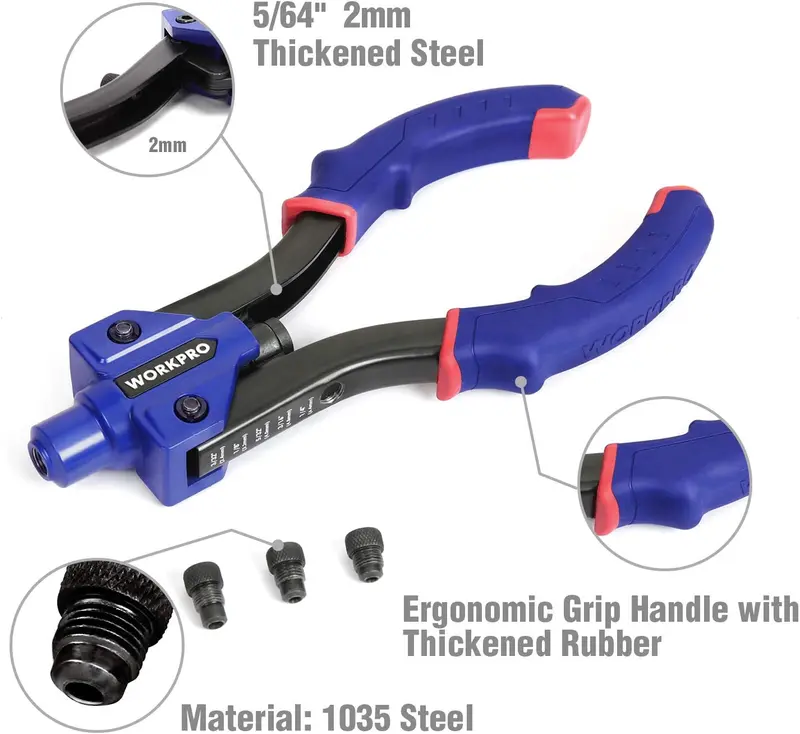 WORKPRO Nietpresse mit 25 cm (10 Zoll), robuste Nietzange mit 3 austauschbaren Nasen (3 Einsätzen) und 100 Nieten, 5-in-1-Handnietzange-Set für Metall und Kunststoff, Reparatur von Lkw-Ladeflächen, Befestigung von Verkehrsschildern 2