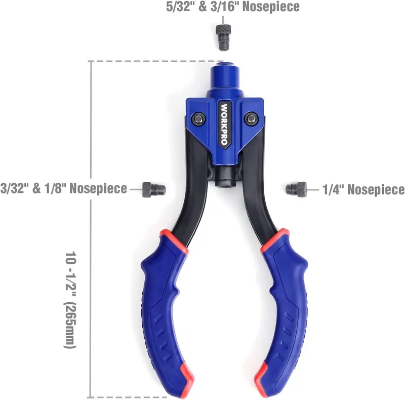 WORKPRO Nietpresse mit 25 cm (10 Zoll), robuste Nietzange mit 3 austauschbaren Nasen (3 Einsätzen) und 100 Nieten, 5-in-1-Handnietzange-Set für Metall und Kunststoff, Reparatur von Lkw-Ladeflächen, Befestigung von Verkehrsschildern