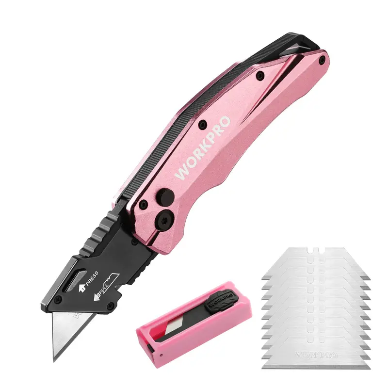 WORKPRO Pink Klappbarer Allzweckmesser aus Aluminium mit 10 zusätzlichen Klingen – Pink Ribbon