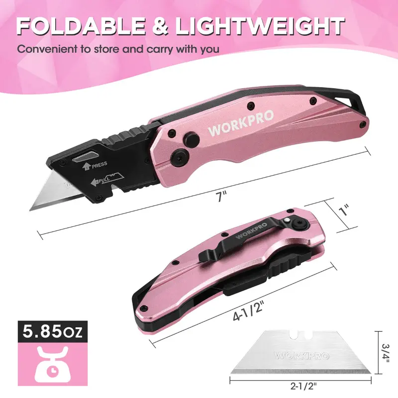 WORKPRO Pink Klappbarer Allzweckmesser aus Aluminium mit 10 zusätzlichen Klingen – Pink Ribbon 2