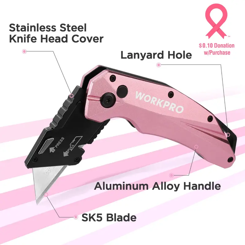 WORKPRO Pink Klappbarer Allzweckmesser aus Aluminium mit 10 zusätzlichen Klingen – Pink Ribbon