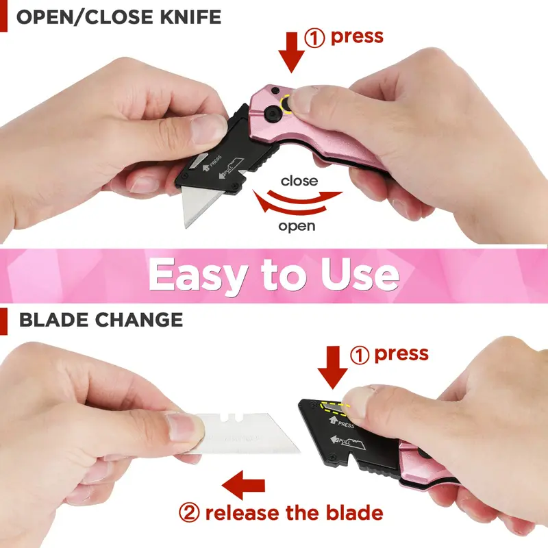 WORKPRO Pink Klappbarer Allzweckmesser aus Aluminium mit 10 zusätzlichen Klingen – Pink Ribbon