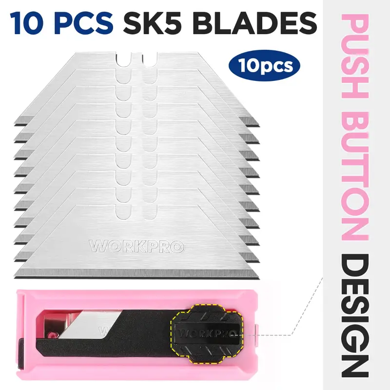 WORKPRO Pink Klappbarer Allzweckmesser aus Aluminium mit 10 zusätzlichen Klingen – Pink Ribbon