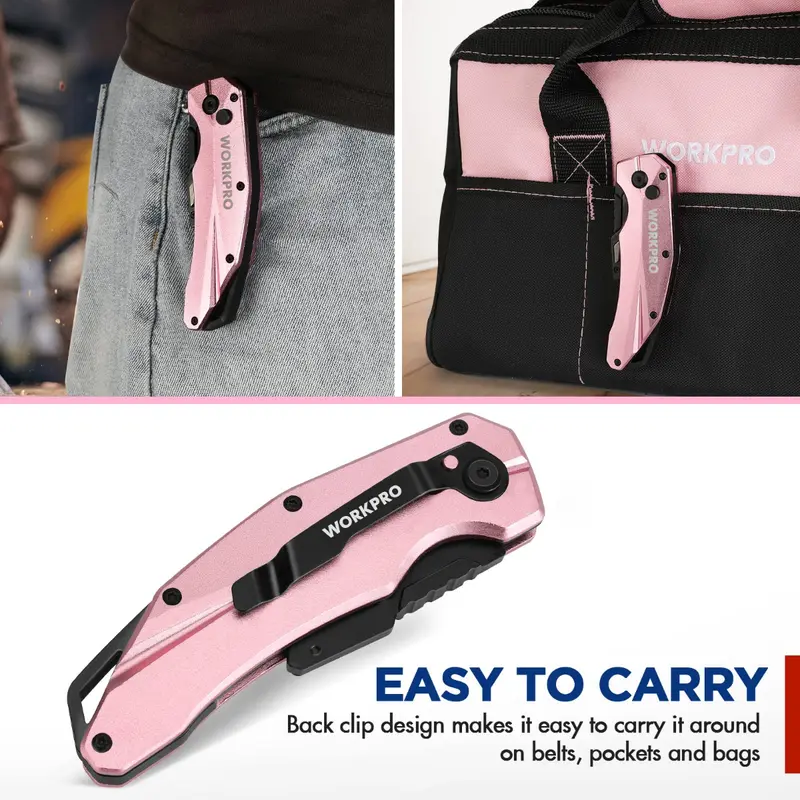 WORKPRO Pink Klappbarer Allzweckmesser aus Aluminium mit 10 zusätzlichen Klingen – Pink Ribbon